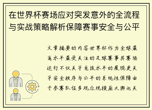 在世界杯赛场应对突发意外的全流程与实战策略解析保障赛事安全与公平