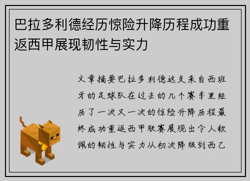 巴拉多利德经历惊险升降历程成功重返西甲展现韧性与实力